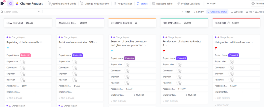 Modelo de solicitação de alteração do ClickUp