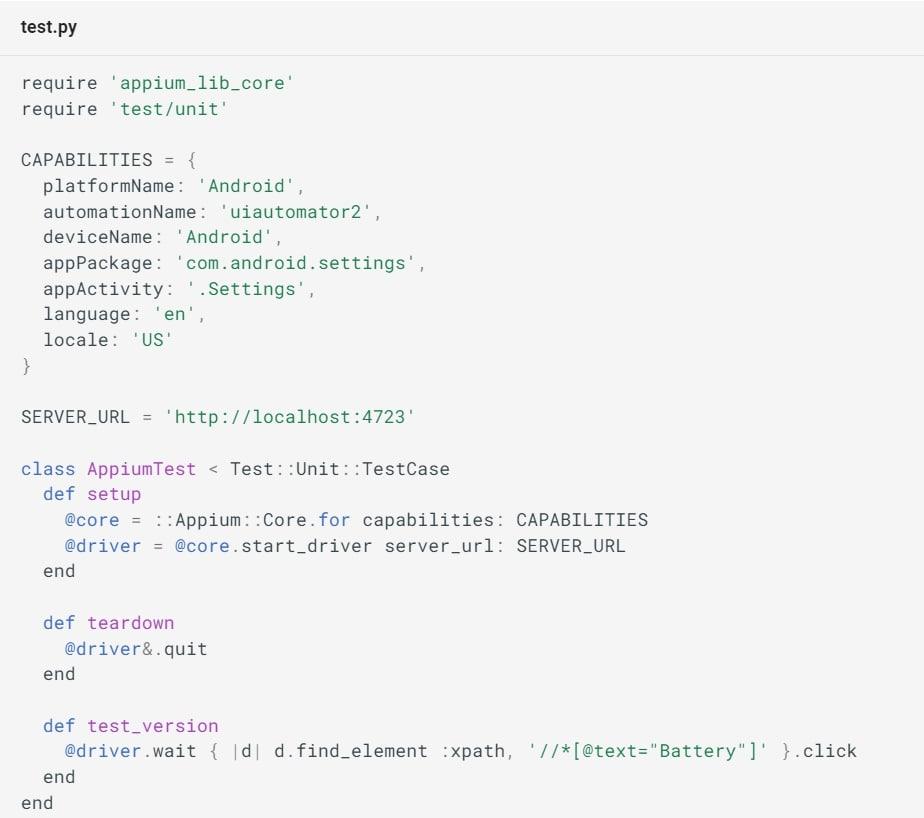 Screenshot of a code in Appium