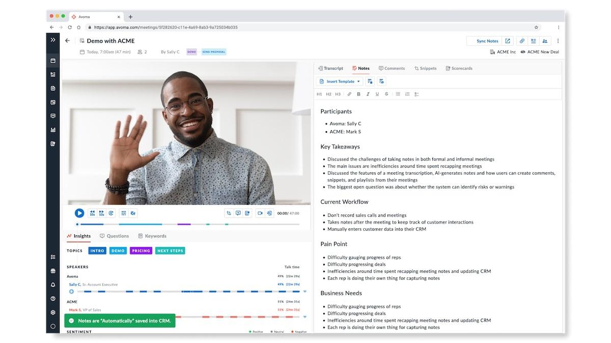 AI tools for meetings: Avoma meeting with notes example