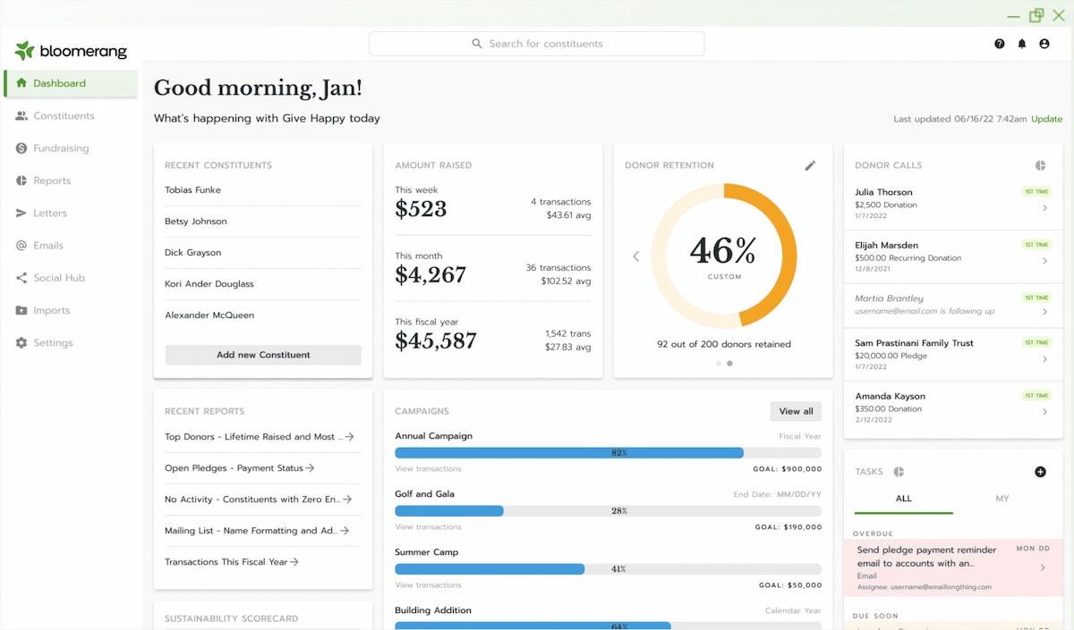Nonprofit CRM: screenshot of Bloomerang's dashboard