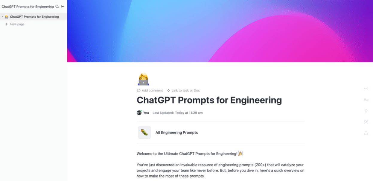 ClickUp ChatGPT Prompts for Engineering Templateを使って、プログラミング言語の機能から問題を解くためのアルゴリズムまで、すべてを生成しましょう。