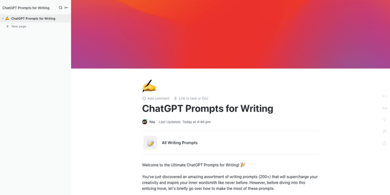 ClickUp ChatGPT Prompts for Writing Template helps authors write biographies, blogs, and even books   