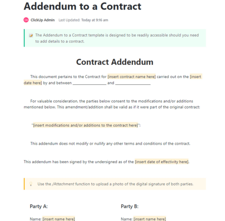 ClickUp Addendum to a Contract Template