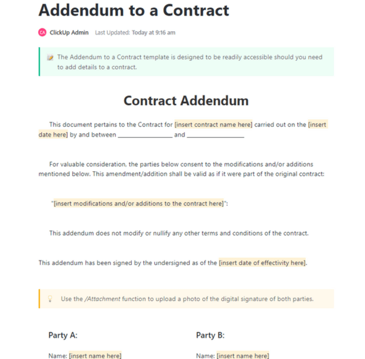 ClickUp Addendum a una plantilla de contrato