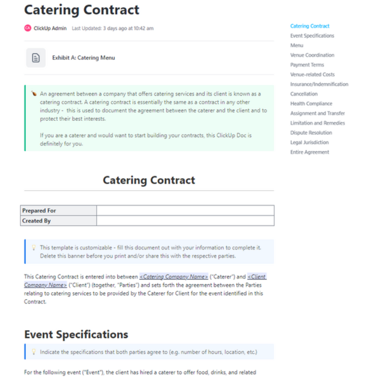 ClickUp Plantilla de Contrato de Catering