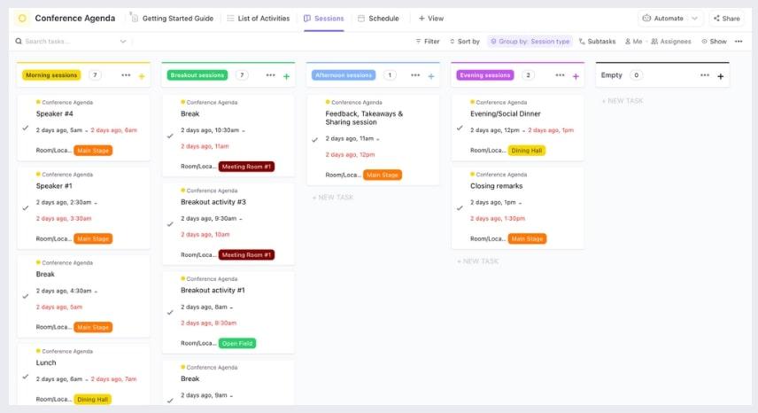 Conferências de gerenciamento de projetos: Modelo de agenda de conferência do ClickUp