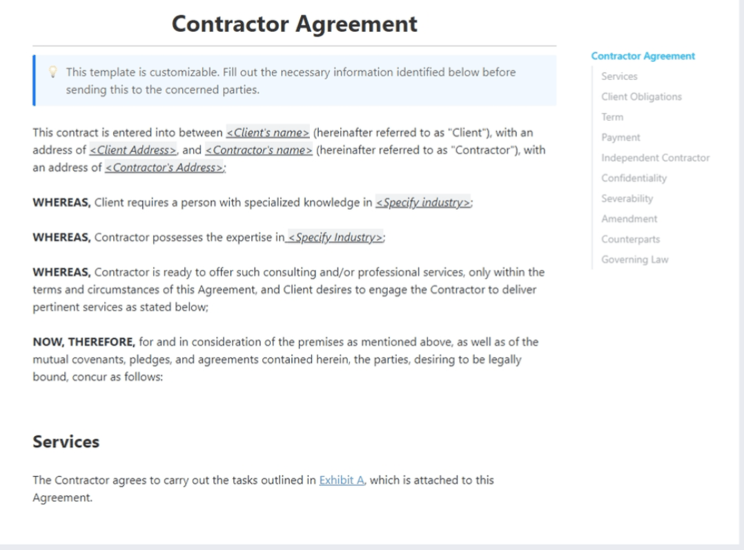 The ClickUp Contractor Agreement Template lets you clearly define the obligations in a contracting arrangement