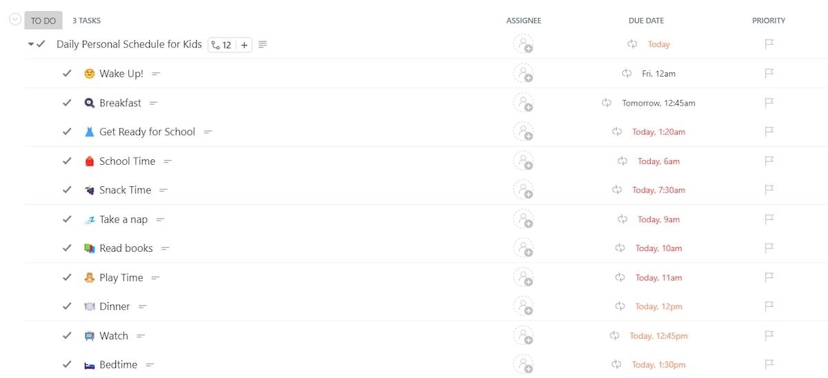 ClickUp Daily Personal Schedule for Kids Template