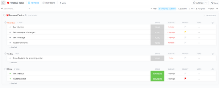 Use the ClickUp Daily Planner Template to organize and categorize your tasks and activities