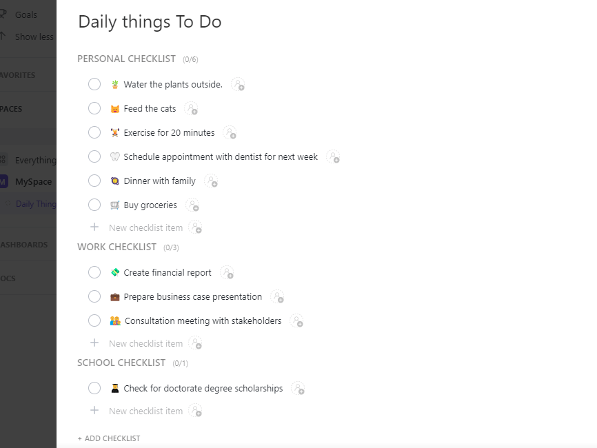 This classic ClickUp Daily Things To Do Template makes it easy to track tasks and their progress