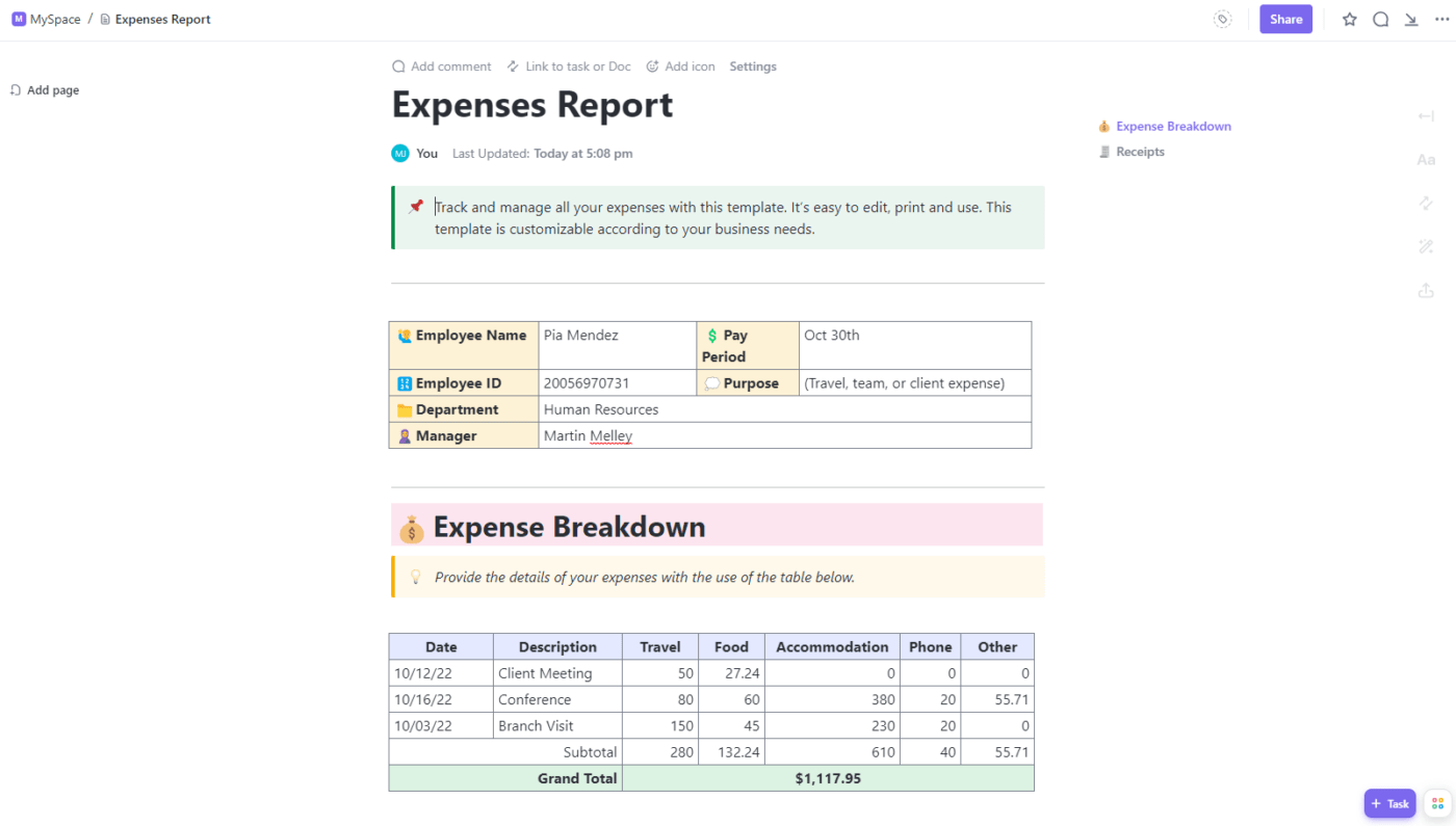ClickUp Expense Report Template