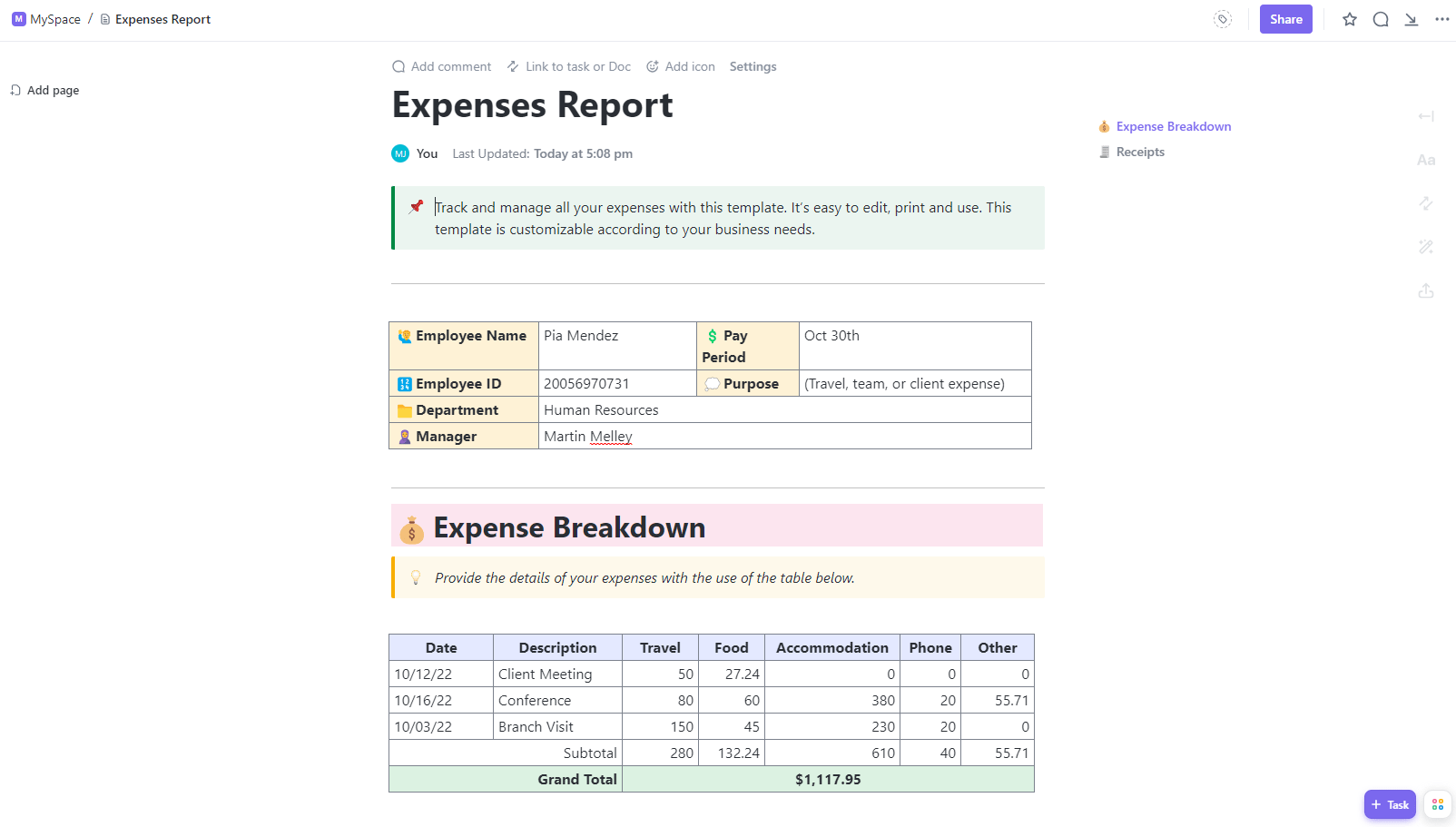 ClickUp Expenses Report Template