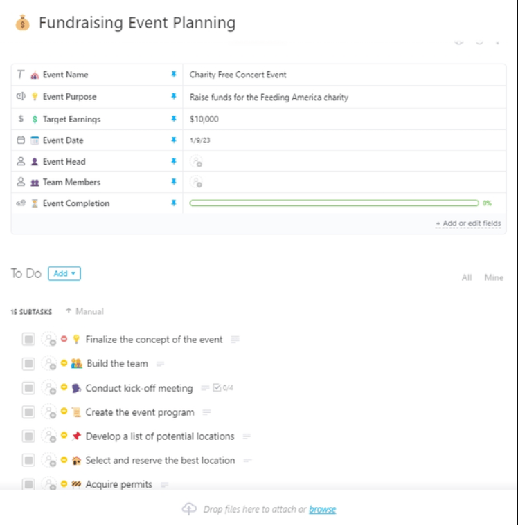 Modelo de planejamento de eventos de captação de recursos do ClickUp