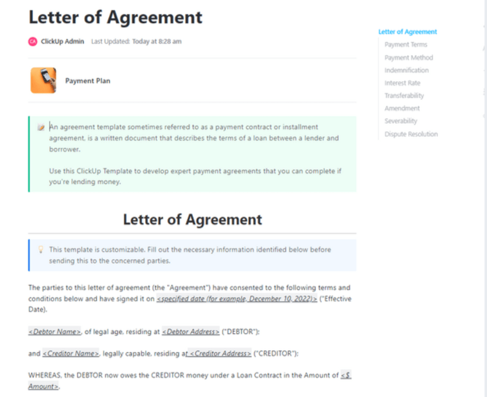 ClickUp Letter of Agreement Template