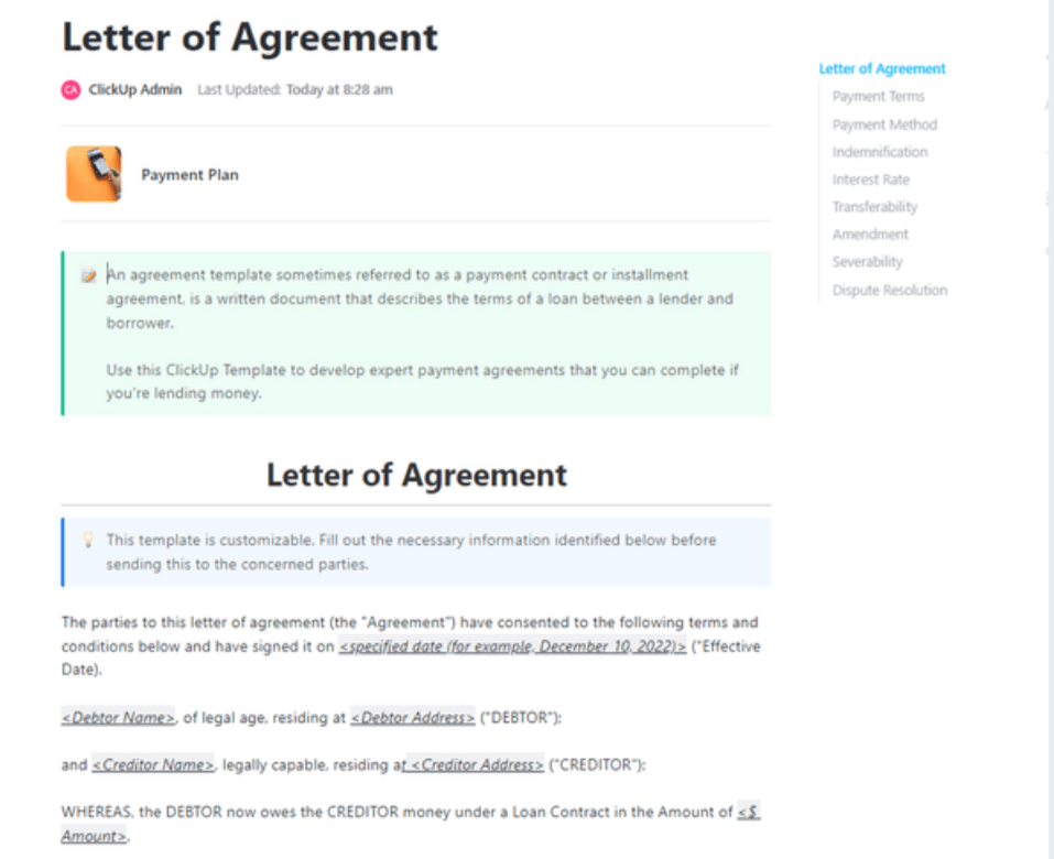 Vorlagen für Kooperationsvereinbarungen: ClickUp's Letter of Agreement Template