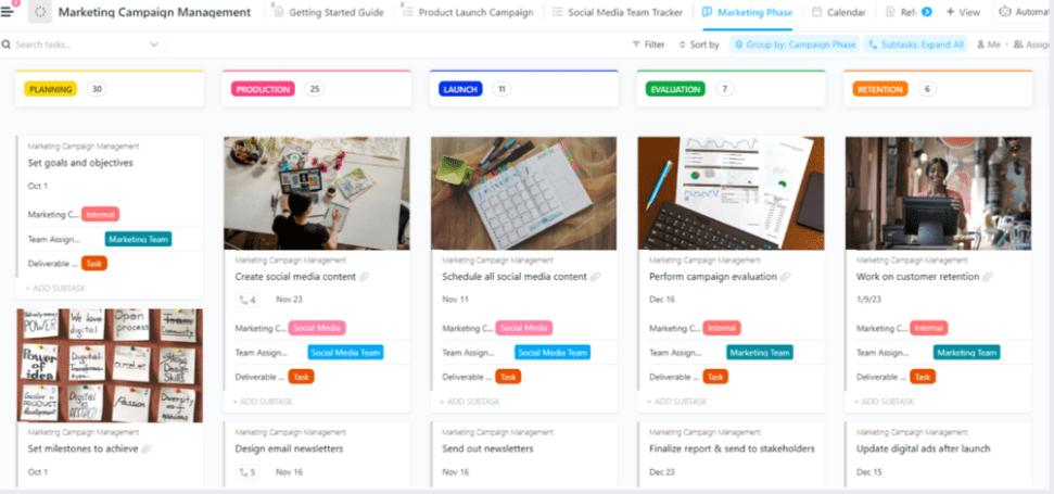 Plan marketing campaigns from production to launch using the Marketing Campaign Management Template from ClickUp
