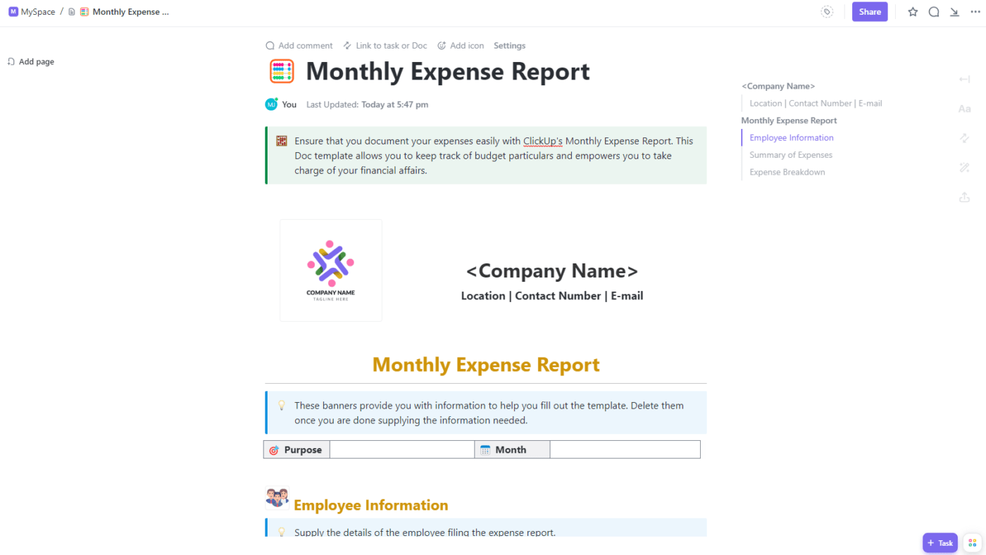 ClickUp Monthly Expense Report Template
