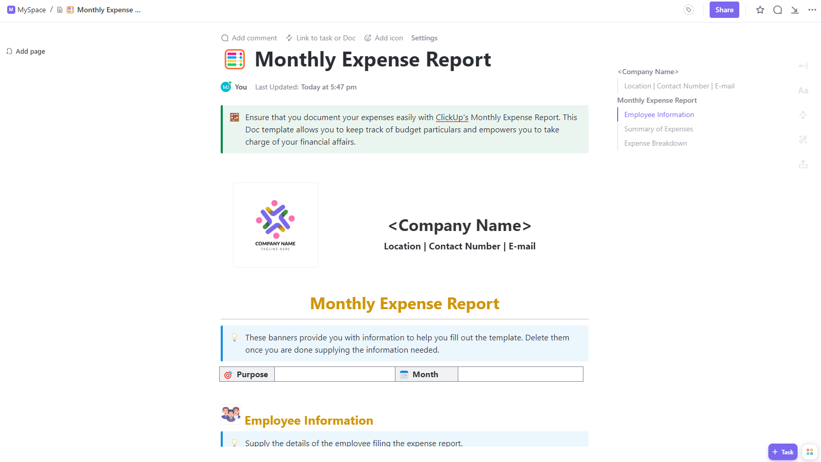 Use ClickUp’s Monthly Expense Report to build a clear picture of monthly expenses versus budget