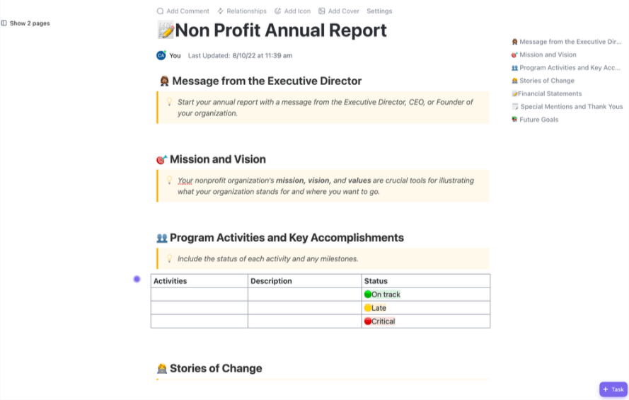 ClickUp's Non-Profit Annual Report Templates