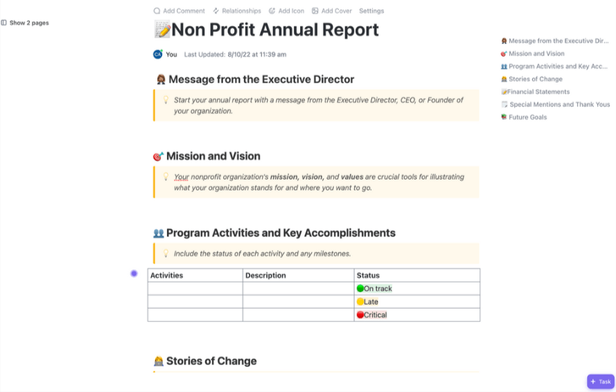 ClickUp Modèle de rapport annuel pour les organisations à but non lucratif