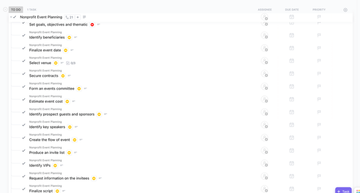 ClickUp Non-Profit Event Planning Task Template