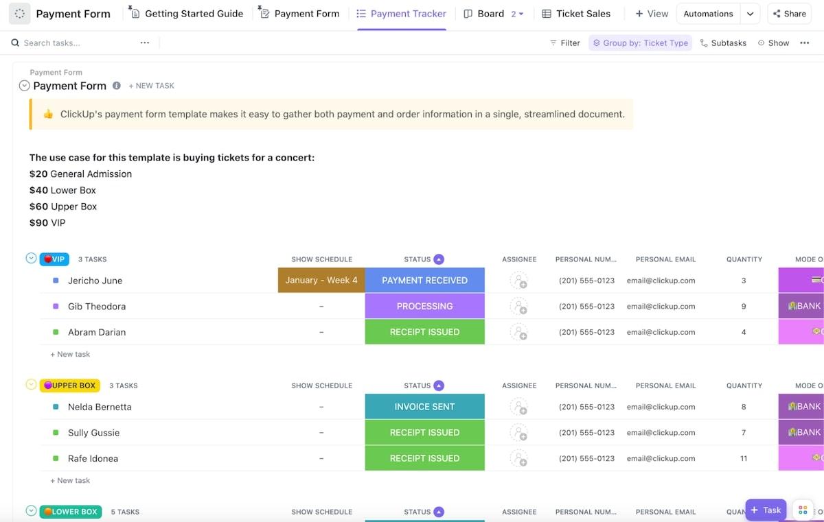 Twórz faktury i wypłacaj płatności za pomocą szablonu formularza płatności ClickUp