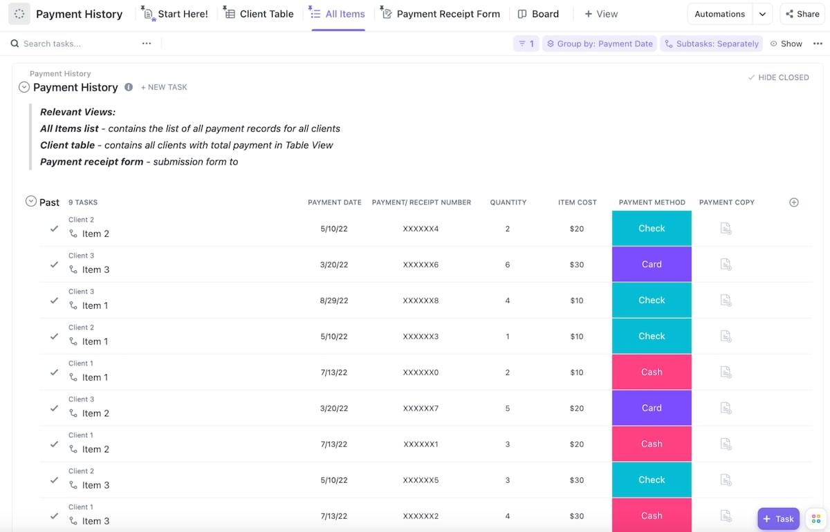 La plantilla de historial de pagos de ClickUp le permite realizar un seguimiento de los pagos a autónomos, clientes y empleados asalariados en un solo lugar