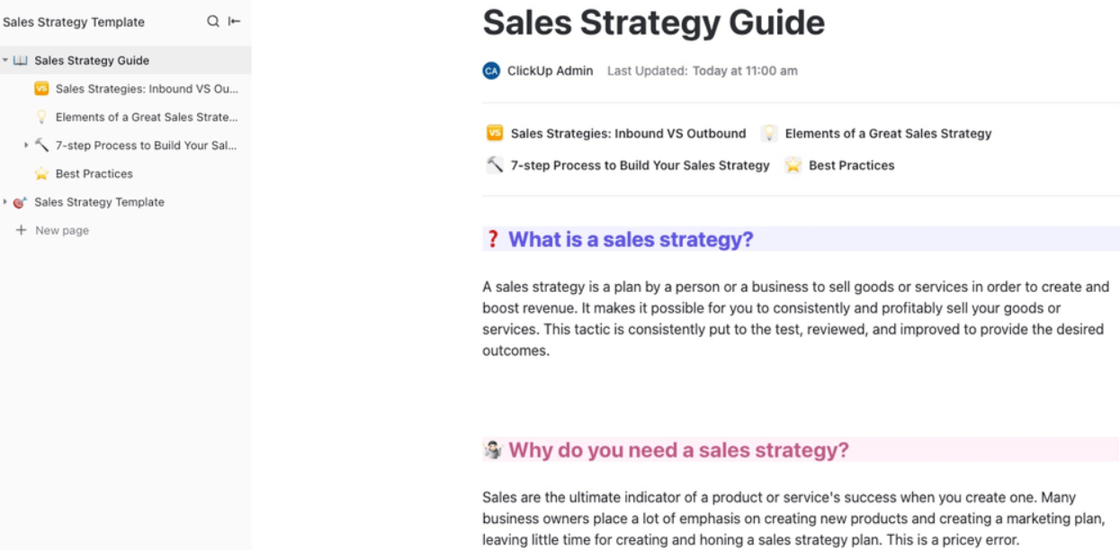 The ClickUp Sales Strategy Guide Template can help you determine the right way to promote your product by answering predefined questions
