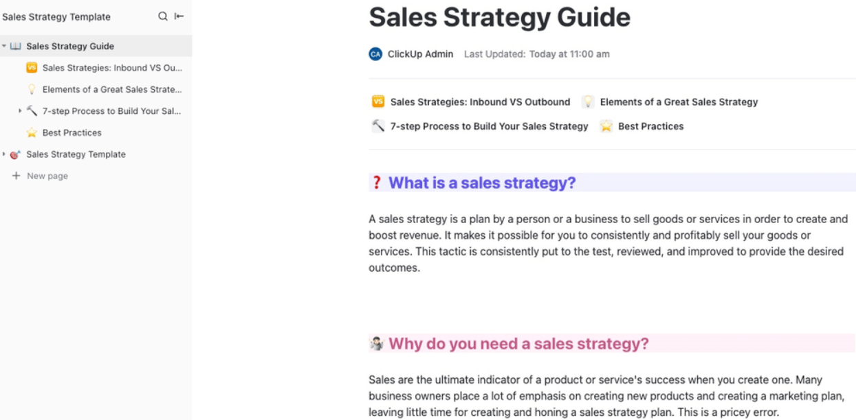 The ClickUp Sales Strategy Guide Template can help you determine the right way to promote your product by answering predefined questions  