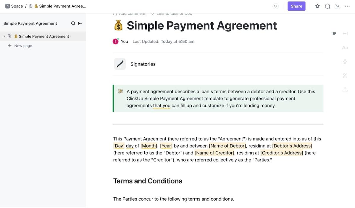 Définissez les termes et conditions de la paie avec le modèle d'accord de paiement simple de ClickUp