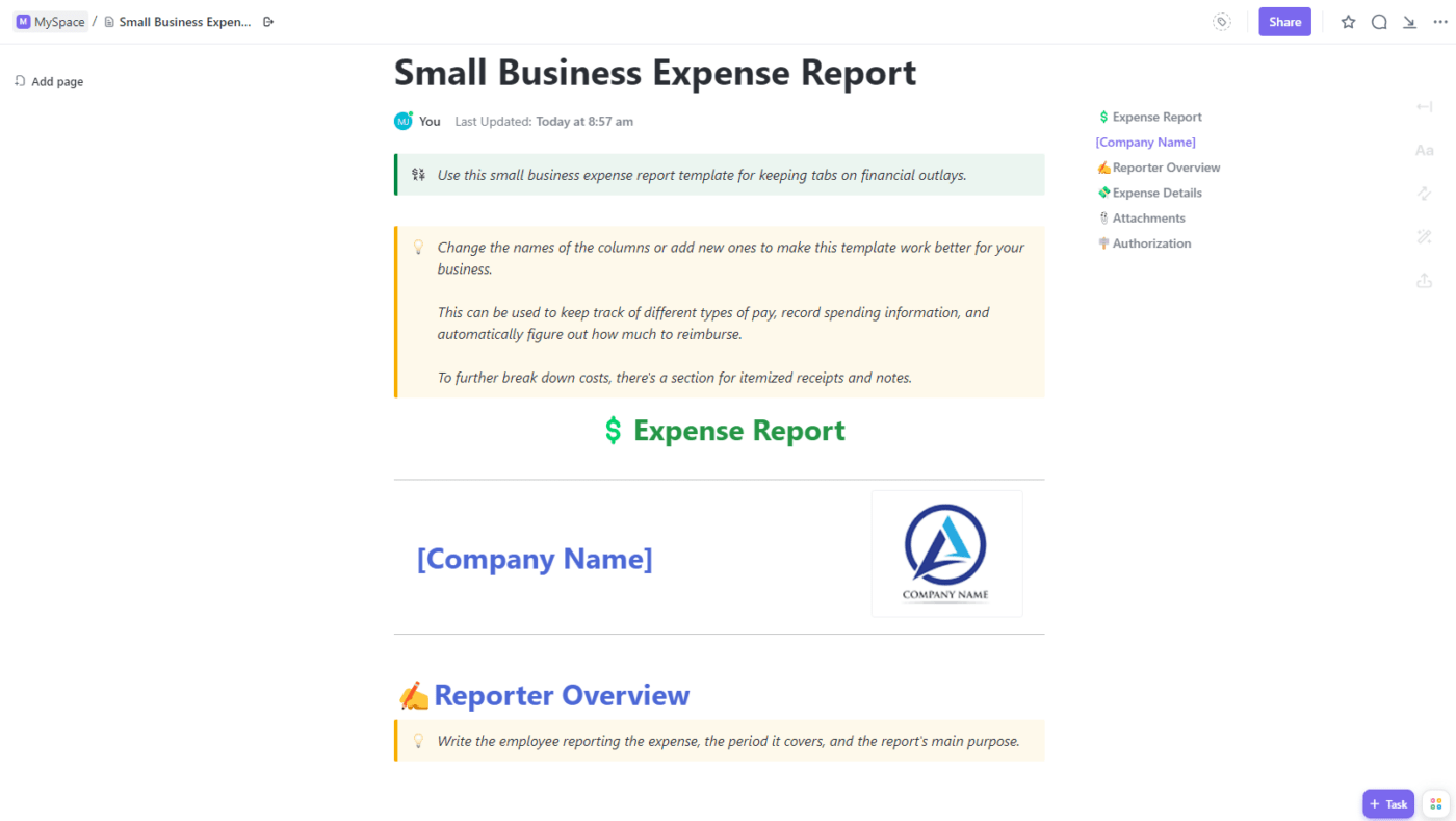 ClickUp Small Business Expense Report Template