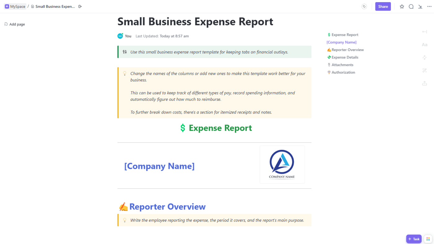 ClickUp Small Business Expense Report Vorlage