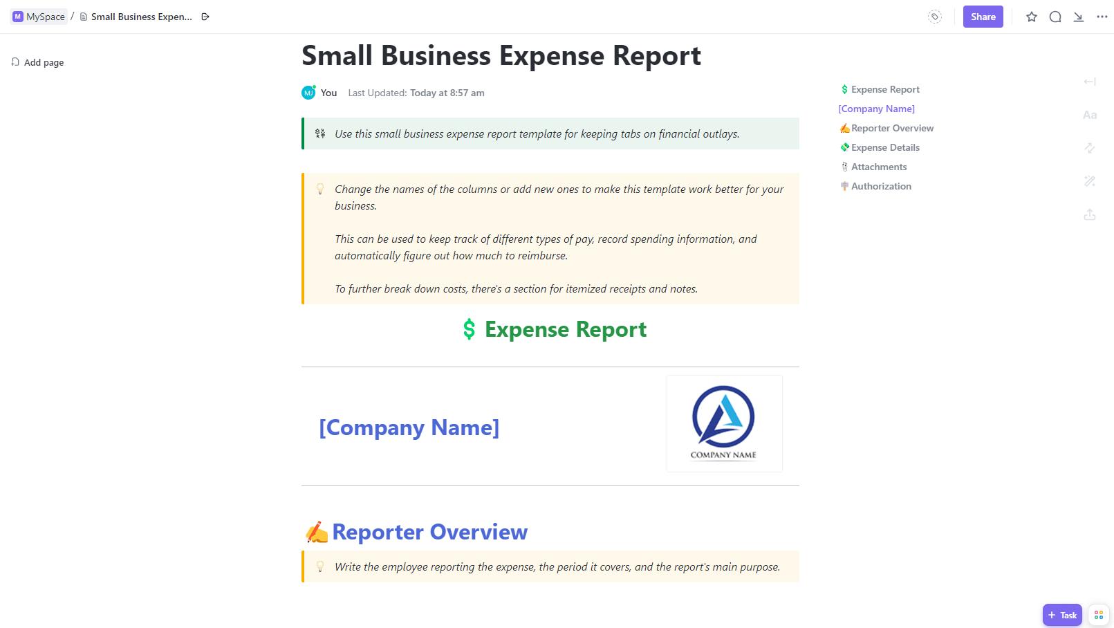 Small Business Expense Report Template by ClickUp
