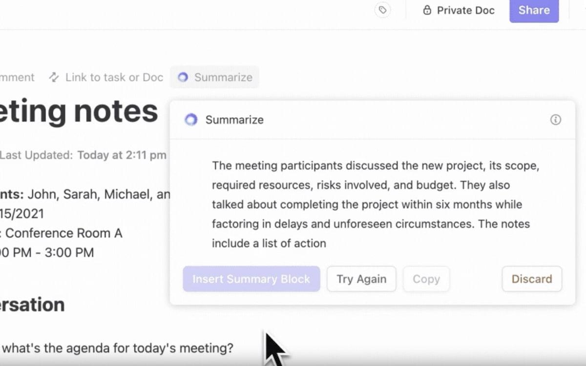 ClickUp Summarize feature for Meeting Notes