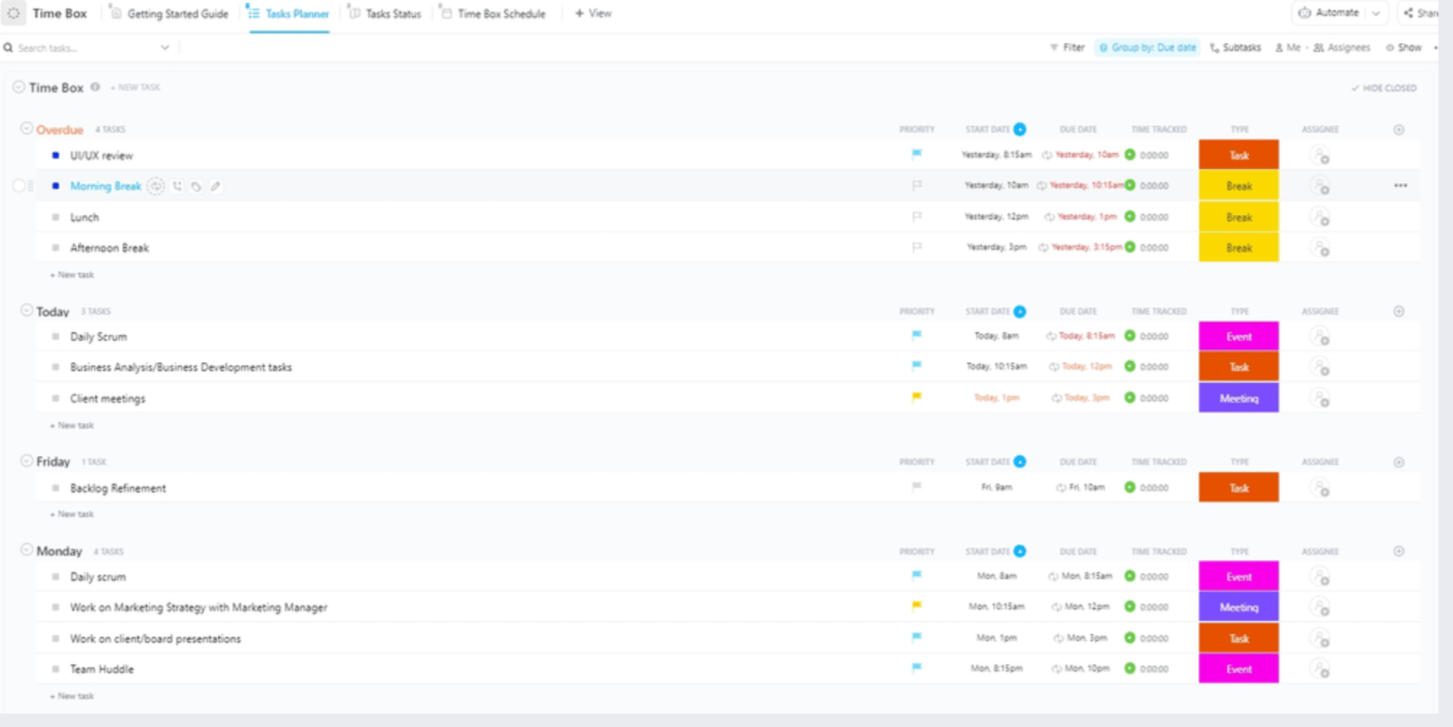 Organize work with observed times in ClickUp's Time Box Template