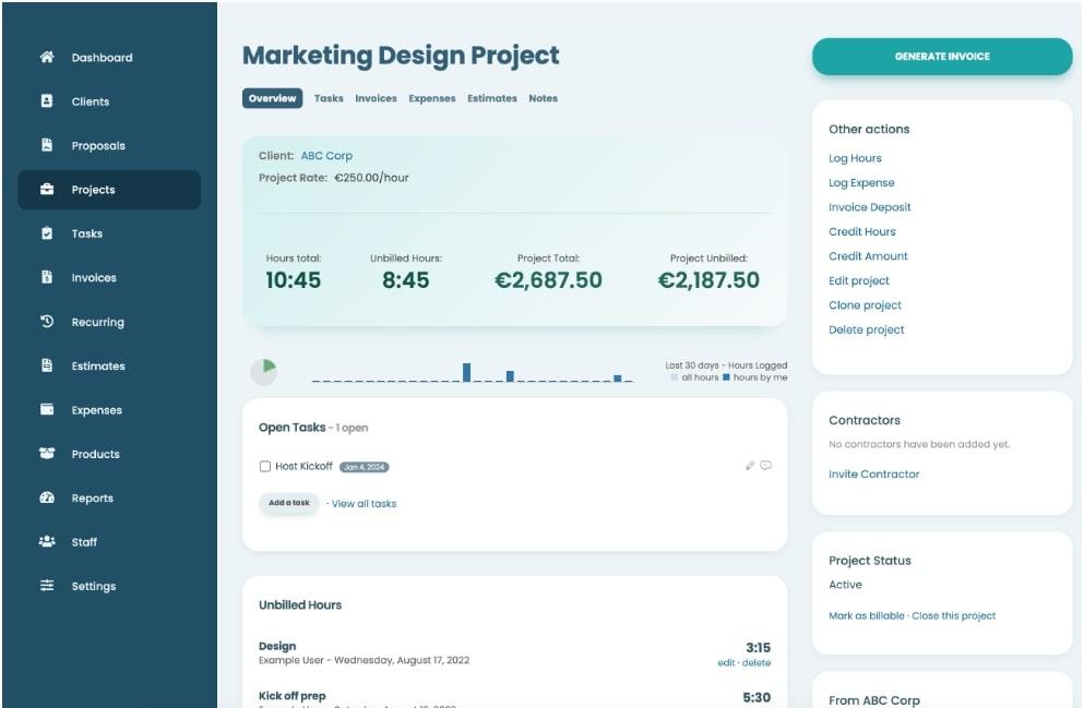 Software de integração de clientes: Painel de controle do projeto de design de marketing da Clientary