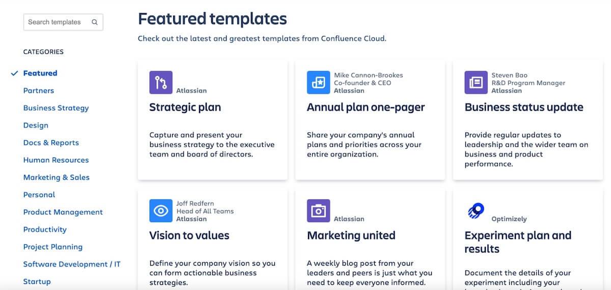 Confluence featured templates