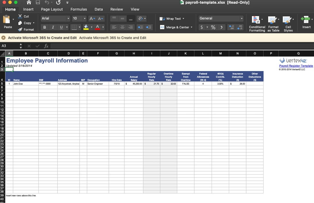 Modèle de feuille de paie Excel pour les employés