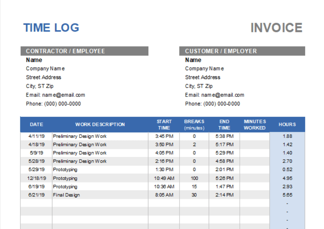 Excel Time Log Template by Vertex42