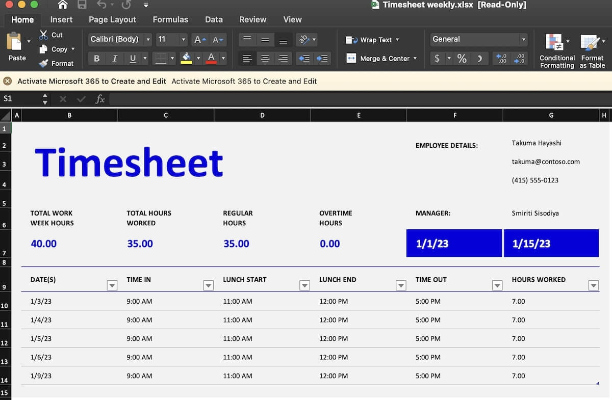 Excel Timesheet for Payroll Template