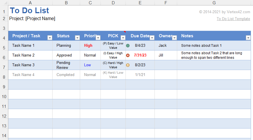 Excel sjabloon voor Nog te doen lijst door Vertex42