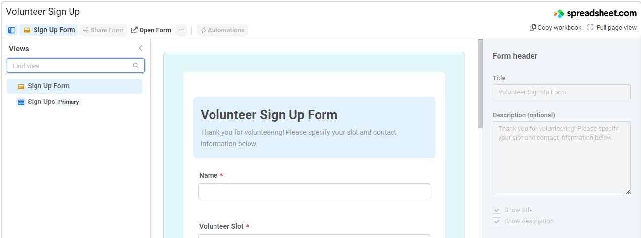 Excel Volunteer Sign Up Template by Spreadsheet.com