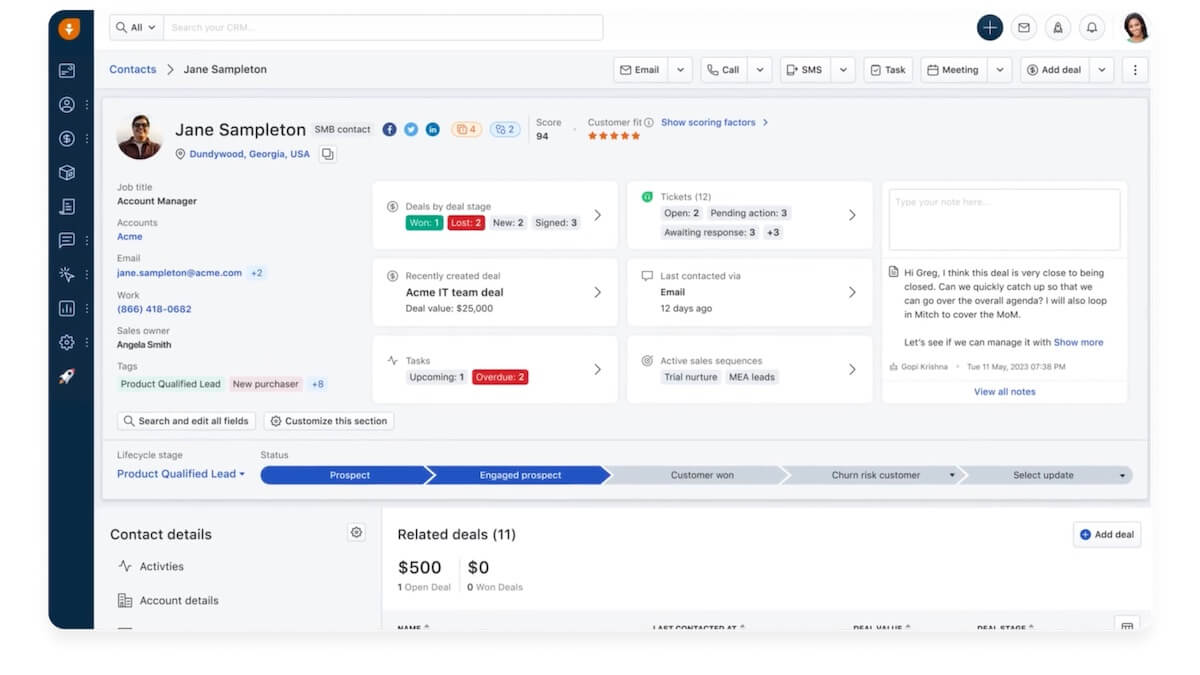 CRM for distributors: example of a contact's dashboard in Freshsales by Freshworks 