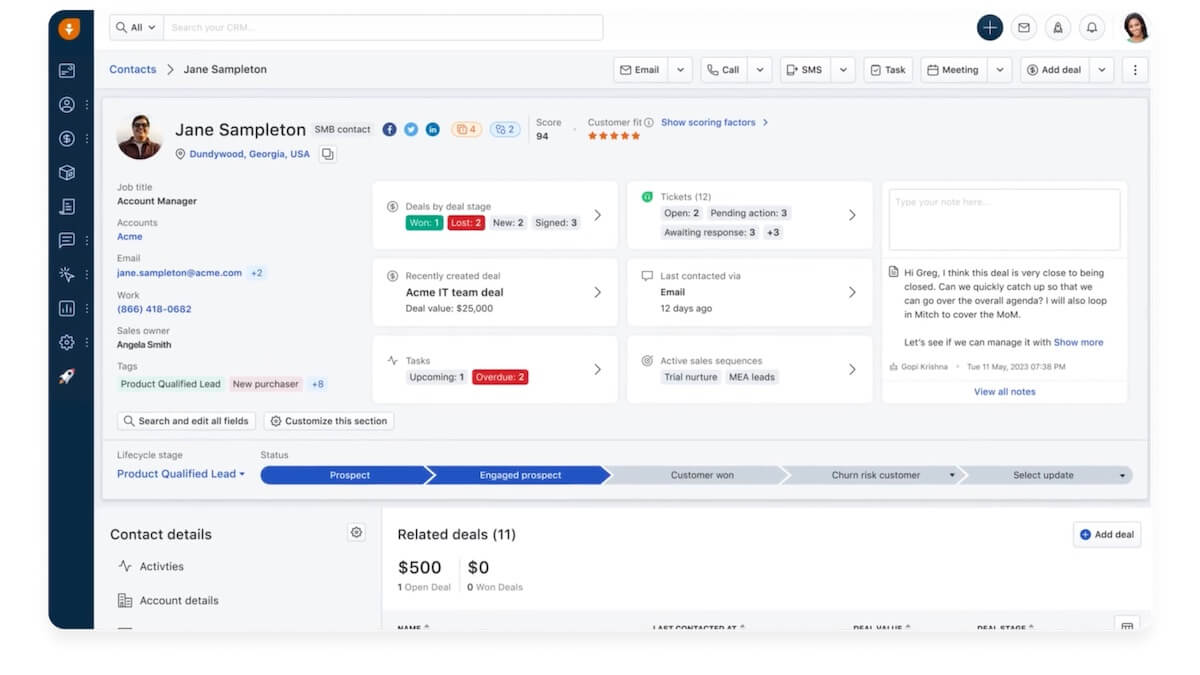 Freshsales by Freshworks example contact dashboard