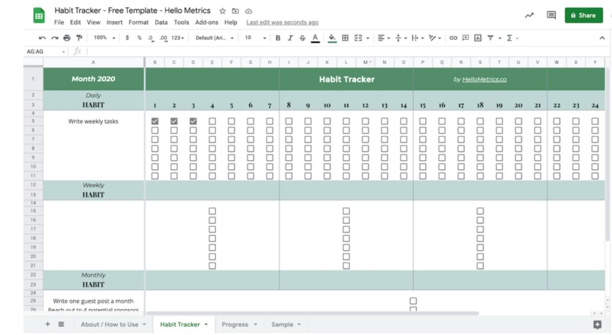Google Sheets Habit Tracker Template