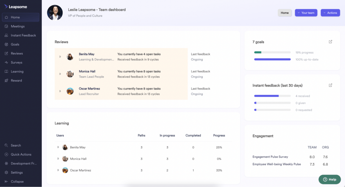 Painel de controle da equipe Leapsome