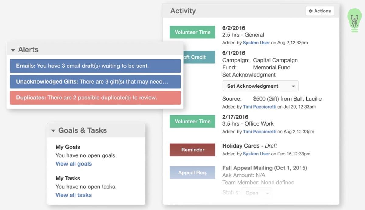 Captura de tela dos recursos de alerta, atividade e metas e tarefas do Little Green Light