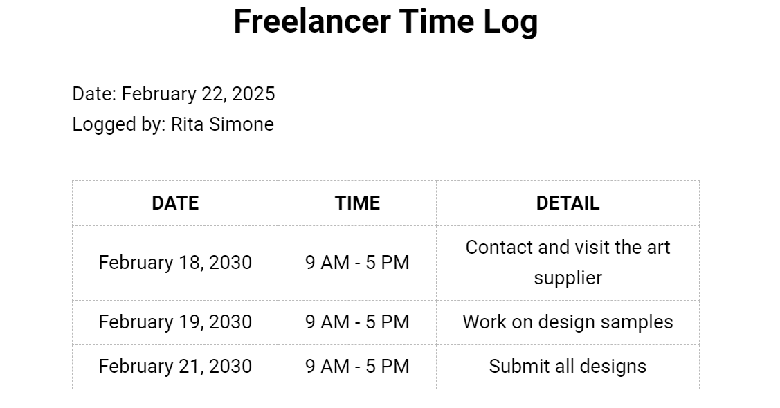 Microsoft Word Freelancer Time Log Template by Template.Net