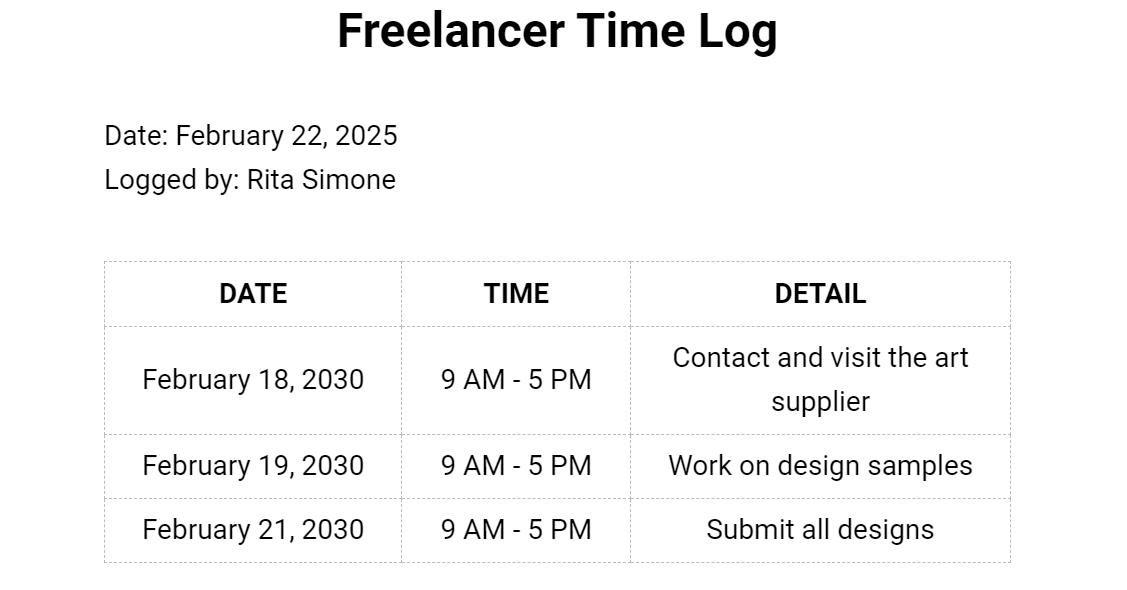 Modelo de folha de registro de horas do Microsoft Word Freelancer por Template.Net