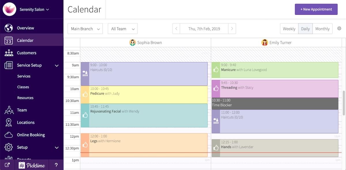 Visualização do calendário do Picktime